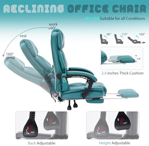Massage Office Chair with Foot Rest 6 Points Vibration and Heat Home Office Desk Chairs for Heavy People 400lbs Reclining Managerial Chairs Ergonomic Executive Chair (Teal Blue) - Image 5