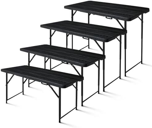 4ft Folding Table, Portable Fold-in-Half Adjustable Height Utility Table for Indoor/Outdoor Use, Durable HDPE & Steel, Stable & Lightweight, Multi-Purpose, Black Woodgrain - Image 3