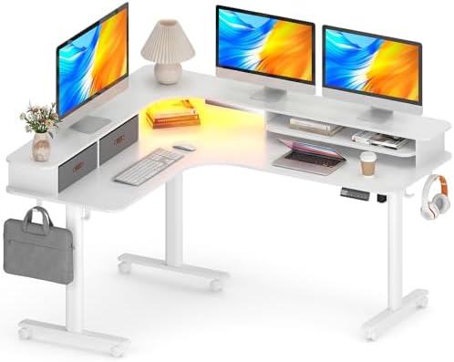 2-Tier L Shaped Electric Standing Desk with Drawers, 63 x 55 Height Adjustable Desk with Memory Controller, Storage, Ergonomic Corner Desk Sit Stand up Computer Table for Home Office, White by Unknown