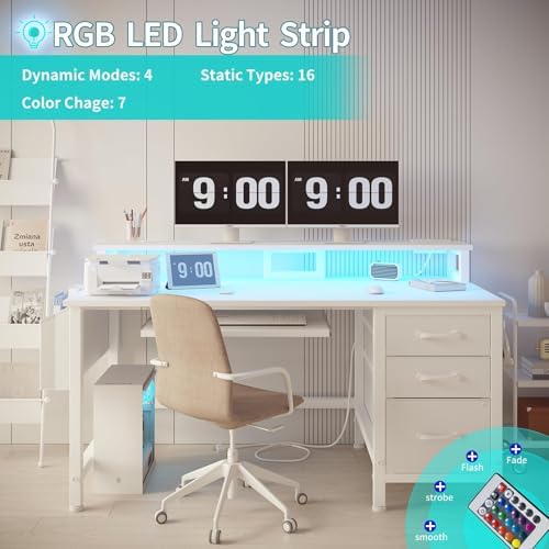 Lufeiya Gaming Desk with LED Lights and Power Outlets, 47 Inch Home Office Desks with Keyboard Tray, White Computer Desk with File Drawers Cabinet, Writing Table PC Desks with Monitor Stand, White - Image 3