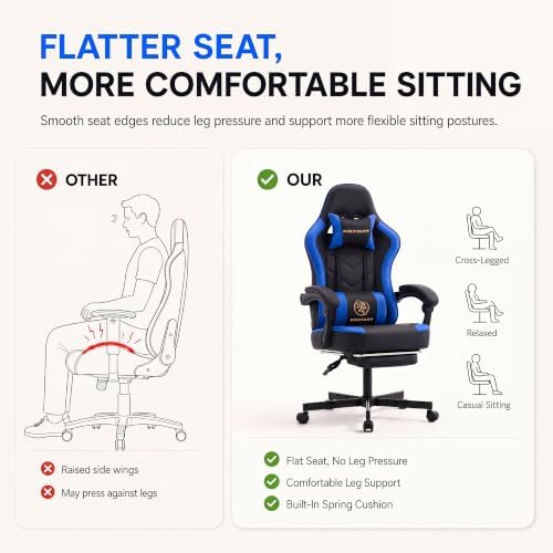 Desk Computer Gaming Chair - High Back Ergonomic Office Chair with Footrest and Lumbar Support, Swivel Comfy Home Gamer Video Game Chairs with Pocket Spring Cushion for Adults (Blue Leather) - Image 5