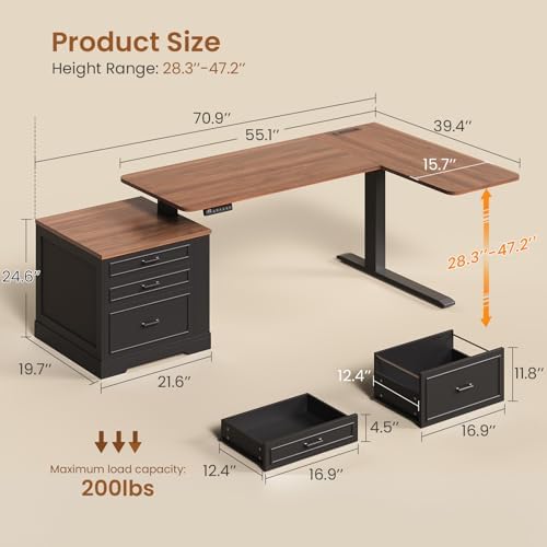 SEDETA Farmhouse L Shaped Electric Standing Desk, 70.9" x 39.4" Height Adjustable Office Executive Desk with 3 Drawers, Standing Computer Desks with Power Outlet for Home Office, Black - Image 2