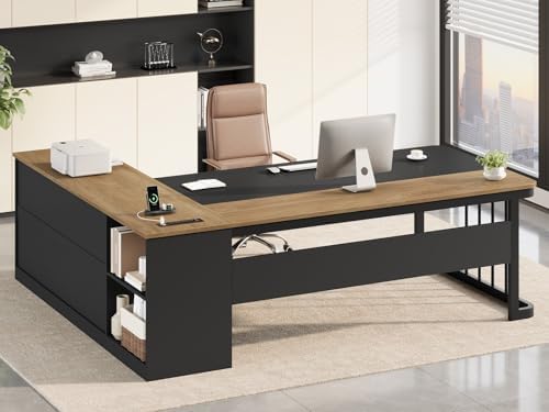 UPOSOJA 71" Executive Desk, Large Office Desk with Drawers & Storage Shelves, Modern L Shaped Computer Desk Corner Desk with Power Outlets, File Cabinet, Business Furniture Desk Workstation (Oak) by UPOSOJAWishesYouaNiceDay