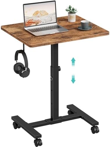 WINAZ Small Portable Laptop Rolling Desk - 24 Inch Mobile Computer Desk Adjustable Height on Wheels for Small Spaces, Couch Kids Desks End Side Table, Teacher Podium for Classroom, Rustic Brown by Unknown