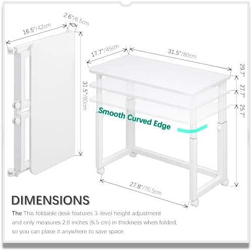 4NM No Tool Assembly 31.5" Small Desk, Folding Portable Desk with Wheels, Adjustable Height Foldable Computer Home Office Desks, Collapsible Study Writing Table for Space Saving Bedroom - All White - Image 5