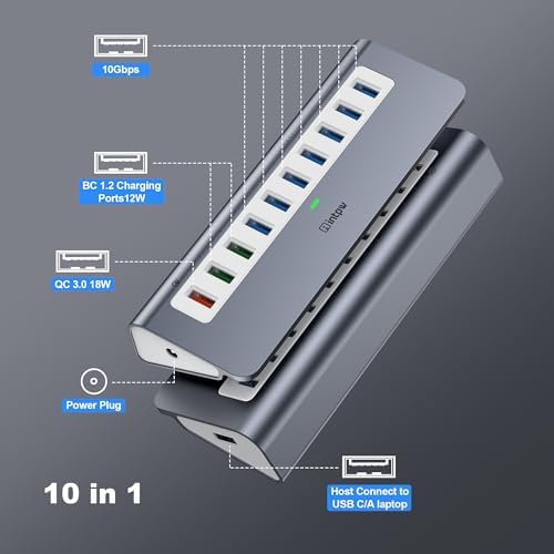 Powered USB Hub 10Gbps, 10 Port USB 3.2 Gen 2 Hub with 7 USB 3.2 Data Ports, 3 Fast Charging Ports, 36W Power Adapter, Type A and Type C Cable, Aluminum USB Hub for Laptop, Mac, PC - Image 2