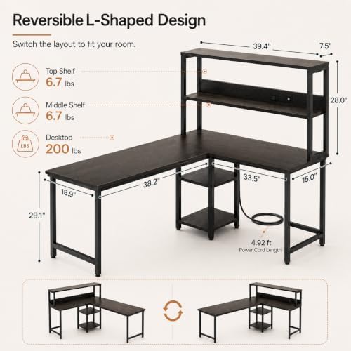 HealSmart L Shaped Desk Gaming Desk with LED Light & Power Outlet, 53 Inch Reversible Computer Table with Shelf & Storage Shelves & Hook, Corner Desk for Home Office, Black - Image 2