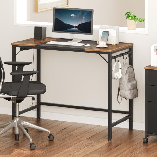 HOOBRO Computer Desk, 31.5 Inch Small Desk with Power Outlet, Writing Table with USB Charging Ports and 3 Hooks for Home Office, Study Room, Bedroom, Easy to Assemble, Rustic Brown and Black BF40UDN01 - Image 2