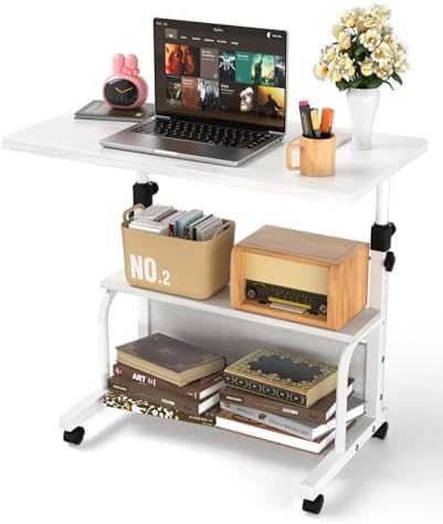 QZMDSM Portable Desk with Wheels Small Standing Desk on Wheels Adjustable Height Rolling Desks for Small Spaces, 32" Computer Desks with Storage Shelves for Home Office Study White by QZMDSM