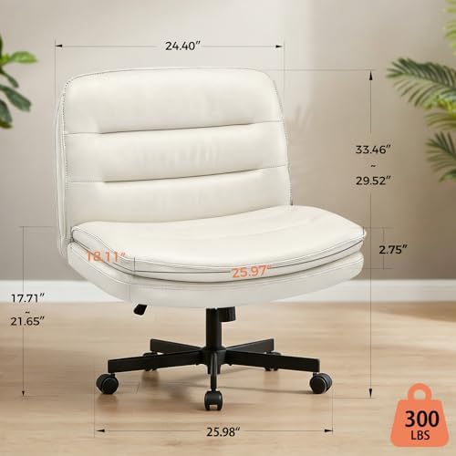 GTPLAYER Cross Legged Office Chair, Armless Desk Chair Cute Vanity Chair with Wheels Computer Chair Comfy Wide Office Chair Adjustable Swivel for Home Computer Task,Pu Leather Beige - Image 2