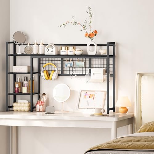 Snughome Desk Shelf, 44.9" Desktop Organizer Shelf, Desk Hutch for Computer Monitor, 4 Tier Desk Display Rack with Pegboard Hooks Set, Wood Desktop Bookshelf for Home Office Dorm - Image 5