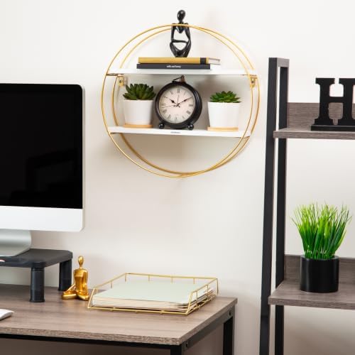 Mind Reader Round Wall Shelf, Gold Metal Frame with Dual White MDF Shelves, Decorative Wall Display for Living Room, Bathroom, Office, Metal. MDF, White - Image 2