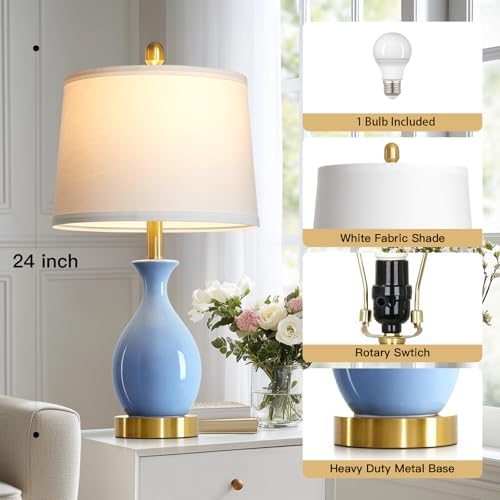 24″ Light Blue Ceramic Table Lamp for Living Room, Modern Classic Bedside Lamp for Nightstand, Small Table Lamp for Bedroom End Table (1 Pack) - Image 2