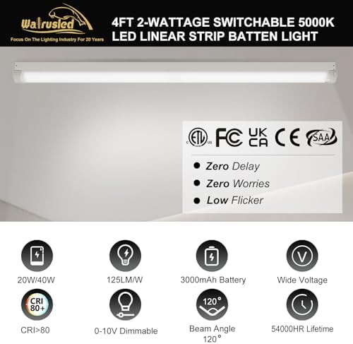 2 Pack 4FT LED Linear Strip Emergency Stairwell Light, 2 Wattages Selectable, 20W/40W, 2500lm/5000lm, Battery Backup, 5000K, IP20, 0-10V Dimmable 4 Foot Commercial LED Shop Ceiling Light Fixture, ETL - Image 2