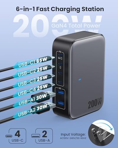 USB C Charger 200W USB Charging Block,6 Ports GaN IV Foldable Wall Charger Outlet Plug,QC4.0 Fast Charging Station Hub,PD 65W Laptop Adapter for MacBook Pro/Air,Dell,iPhone 16/15,Galaxy,Steam Deck - Image 4
