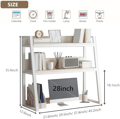 Dorm Desk Hutch,2-Tier Ladder Desktop Bookshelf,Metal Computer Desktop Bookcase,Wood Desk Bookshelf Organizer for Dorm Home Office(21.6" W x 12.6" D x 35.4" H, White) - Image 6