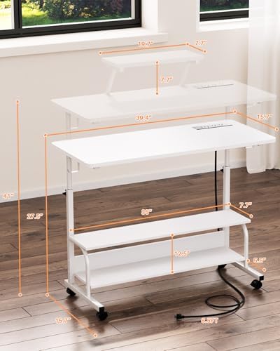 Height Adjustable Standing Desk with Power Outlets and LED Lights - 39" Manual Stand Up Desk with Monitor Stand and Storage Shelves Small Mobile Rolling Computer Desk Portable Laptop Table, White - Image 3