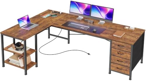 Huuger 55 Inch L Shaped Desk with Fabric Drawers, Reversible Computer Gaming Desk with Power Outlets and USB-C Port, Adjustable Side Storage Shelves, for Work Corner Home Office, Rustic Brown by Huuger