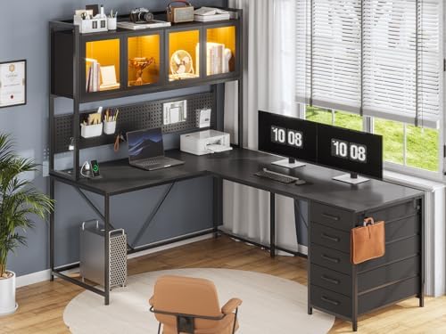 SEDETA L Shaped Gaming Corner Desk with Drawers, Hutch and Storage Shelves - Image 2