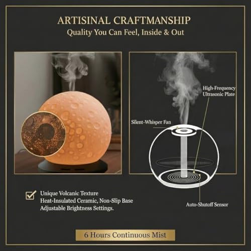 Moonlight Zen 200ml Ceramic Essential Oil Diffuser – Ultrasonic Aromatherapy Moon Lamp with 6H Mist, 3-Timer Settings, Auto-Shutoff & Amber LED Glow – Artisanal Lunar Decor for Home, Office & Spa - Image 4