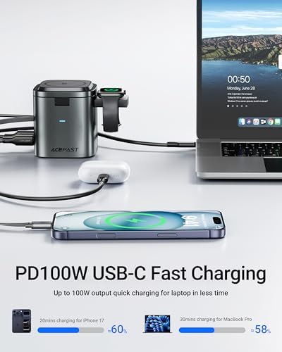 ACEFAST 6-in-1 100W GaN Fast Charging Station for iPhone 17 16 Series,with USB C Retractable Cable,Qi2 25W Magnetic Wireless Charger Desktop Stand for iWatch/for Samsung Galaxy Watch/Airpods - Image 4