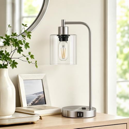 Industrial Touch Control Table Lamps Set of 2 - Brushed Nickel Nightstand Bedside Lamps with 2 USB Ports & AC Outlet, 3-Way Dimmable Desk Lamp for Bedroom Living Room, Glass Shade & LED Bulbs Included - Image 7