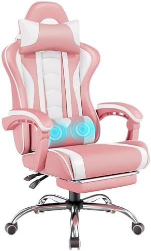 Yaheetech Gaming Chair with Footrest Massage Lumbar Pillow Pink and White by Yaheetech