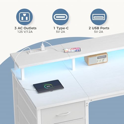 DUMOS 40-Inch Gaming Desk with Power Outlets and LED Lights, White - Image 4