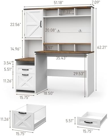 Vabches 51" Executive Desk Farmhouse Home Office Desk with Charging Station, LED Light, File Drawer, Storage Cabinet, Monitor Stand, Wood Computer Desk with Hutch for Work Study Writing (White) - Image 2