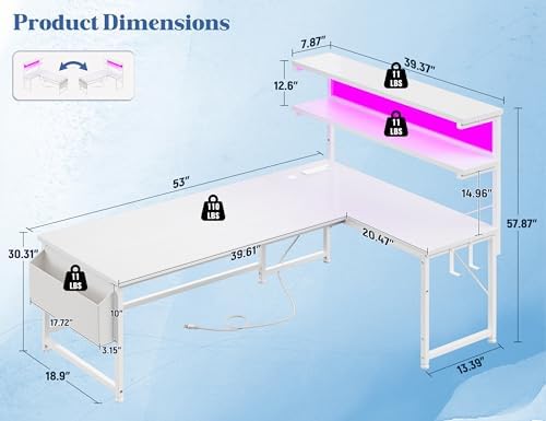 DurayLoly 53"White L Shaped Desk with LED Light & 5 Power Outlet for Gaming - Image 3