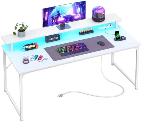 PRAISUN 48 inch Gaming Desk, LED & Power Outlets, Monitor Stand, White by PRAISUN