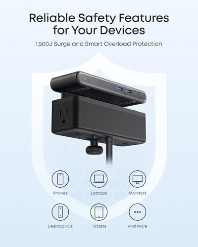 Anker Nano Power Strip, Desk Clamp, 70W Max, 1500J Surge Protector, 2 USB C - Image 6