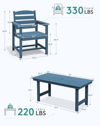 SERWALL 7 Pcs Outdoor Dining Set, 67" HDPE Dining Set for 6, Blue - Image 5