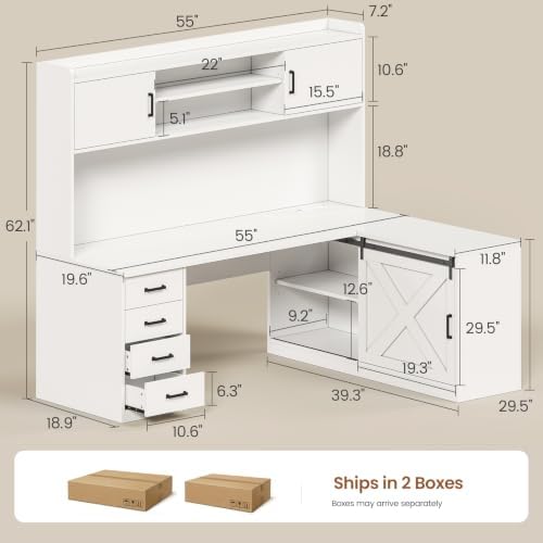 SEDETA Farmhouse 55” L Shaped Office Desk with Hutch, Drawers, Barn Door - Image 2