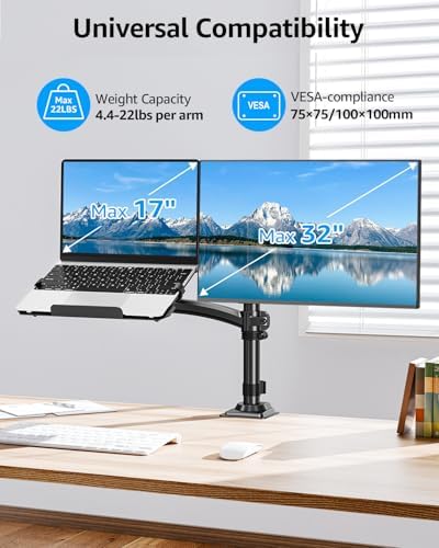 MOUNTUP Laptop and Monitor Desk Mount, Laptop Tray for Max 17" Notebook, Monitors Arm Fits up to 32" Monitor, Laptops Arm Holds 4.4-22lbs, 2-in-1 Tall Laptops Mount with Clamp/Grommet - Image 2