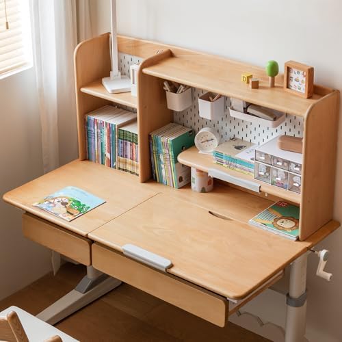 YESWOOD 37'' Solid Beech Wood Desk Bookshelf Organizer, Desktop Hutch with Storage Shelves & Pegboard, Fits 100cm Desk, Space Saving Study Desk Organizer for Home Office Study Room by YESWOOD