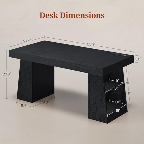 UPOSOJA 55.9 in Executive Desk with Power Outlets, Modern Home Office Desk with Storage Shelves, Wood Computer Desk Business Workstation Desk Conference Table, Black (Storage Shelves) - Image 2