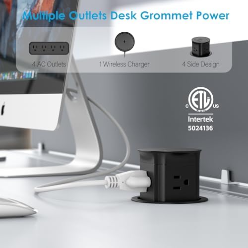 Jgstkcity Pop Up Outlet with 15W Wireless Charger,4 Outlets 15A, Splash Resistant,3 inch Desk Hole Power Grommet,Space Saver Outlet for Kitchen Countertop,Office Conference Table,ETL Listed (Black) - Image 2