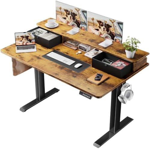 Veken 47x28 in Electric Standing Desk with Drawers, Adjustable Table, Brown by Veken