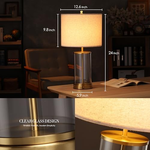 O’Bright Luma - Battery Powered Table Lamp, Cordless Glass Bedside Lamp with Rechargeable 10,000mAh Battery, Full Size 24 Inch Height, Touch Dimmer, Type-C Charging, Clear Glass Design, Antique Brass - Image 5