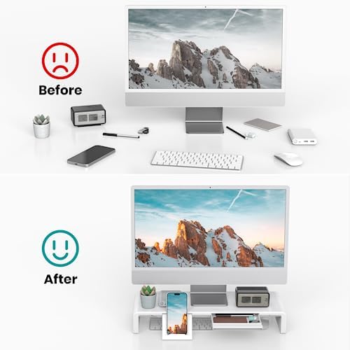 Monitor Stand Riser, Klearlook Foldable Computer Monitor Riser, Height Adjustable Computer Stand, Desk Shelf Riser with Storage Drawer & Tablet Phone Stand for Computer, Desktop, Laptop (White 2 Pack) - Image 4
