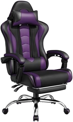 Yaheetech Gaming Chair with Footrest Massage Lumbar Pillow Black and Purple by Yaheetech