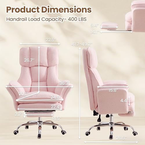Big and Tall Office Chair with Flip Arms and Footrest, Teddy Criss Cross Legged Home Office Desk Chair with Pet Seat, Comfy Reclining Computer Gaming Chair, Pink - Image 2