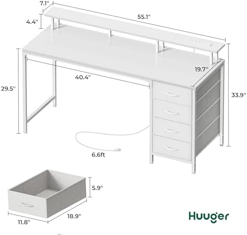 Huuger 55 Inch Computer Desk with Power Outlets and LED Lights, Gaming Desk with 4 Drawers, Office Desk with Monitor Stand, Study Work Home Office, White - Image 2