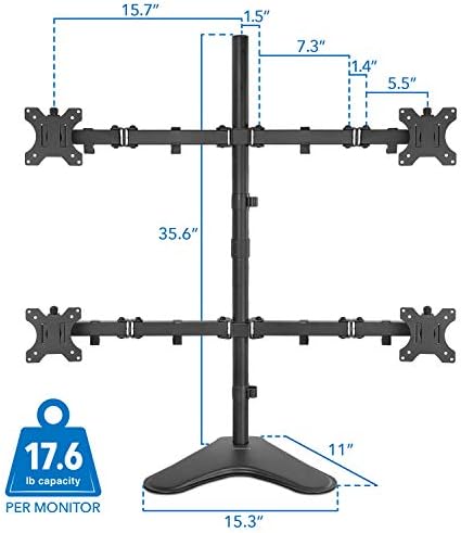 Mount-It! Quad Monitor Stand for 4 Screens up to 32", Free Standing Multi Monitor Desk Mount, Height Adjustable 34.8", 17.6 lbs Each, VESA 75x75 100x100, Steel 4 Monitor Stand, MI-2784 - Image 7