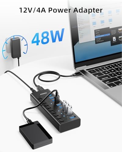AGEEN 10-Port Powered USB 3.2 Hub, 10Gbps Data Transfer, 48W Power Adapter - Image 4
