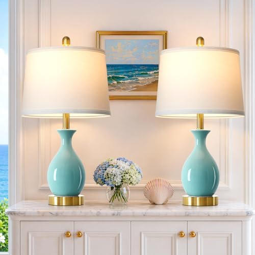 24" Aqua Blue Ceramic Table Lamps Set of 2, Modern Classic Bedside Lamps for Bedroom Nightstand, Small Table Lamp for Living Room End Table (2 LED Bulbs Included) by Luxeflow