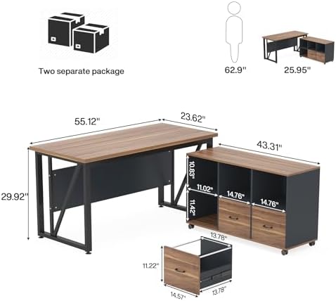 Tribesigns 55-Inch Executive Computer Desk with 43-Inch Lateral File Cabinet, Large Workstation Business Furniture, L Shaped Desk with Drawers and Storage Shelves for Home Office, Walnut - Image 2