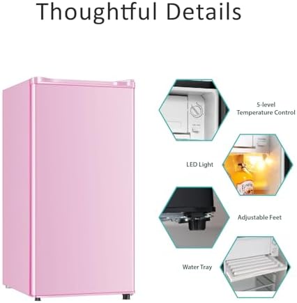 Seaoola Mini Fridge with Freezer, Single Door 3.1 Cu.Ft, Compact Mini Refrigerator, LED Light, Adjustable Thermostat, Removable Glass Shelves, Small Refrigerator for Dorm/Office/Bedroom(Pink) - Image 3