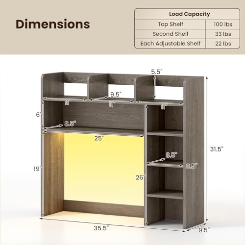 GIANTEX Desktop Bookshelf with LED Lights, 35.5" Desk Hutch Dorm for Up to 25 Inch Computer Monitors with Adjustable Storage Shelves, Wood Desk Organizer Shelves for Home Office (Grey Oak) - Image 3